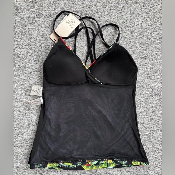 Calia Paradise Palm Black Strappy Ruched Takini Bathing Suit Top - Picture 3 of 8